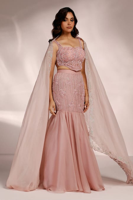 Buy_Label Moni K_Pink Organza, Net Sequins, Blossom Embroidered Corset Blouse And Lehenga Set _Online_at_Aza_Fashions