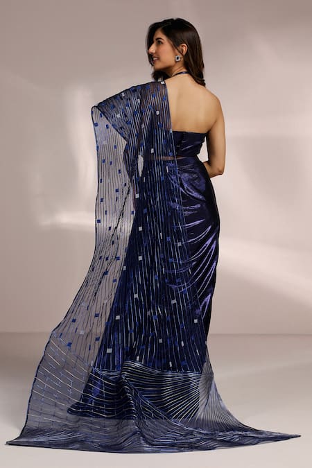 Label Moni K_Blue Net, Lycra Embroidery, Metallic Thread Sweetheart Neck Pre-draped Saree Set _Online_at_Aza_Fashions