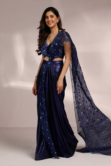 Shop_Label Moni K_Blue Net, Lycra Embroidery, Metallic Thread Sweetheart Neck Pre-draped Saree Set _Online_at_Aza_Fashions