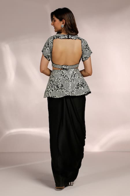 Label Moni K Black Organza, Satin Embroidery V-neck Bloom Jaal Peplum Set Online at Aza Fashions Label Moni K_Black Organza, Satin Embroidery V-neck Bloom Jaal Peplum Set _Online_at_Aza_Fashions