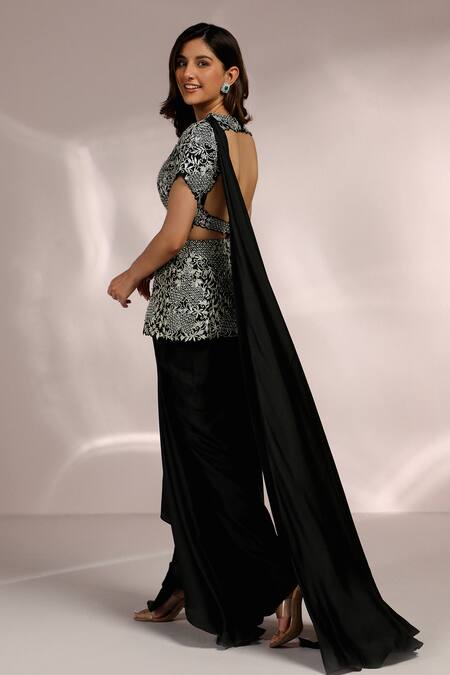 Buy Label Moni K Black Organza, Satin Embroidery V-neck Bloom Jaal Peplum Set Buy_Label Moni K_Black Organza, Satin Embroidery V-neck Bloom Jaal Peplum Set
