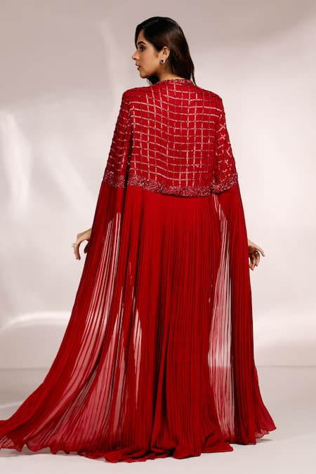 Label Moni K Cutdana Embroidered Red Cape & Ruffle Saree Set 