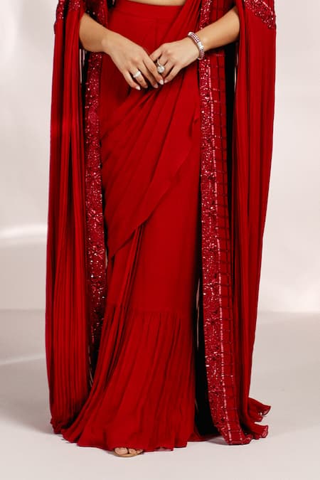 Buy_Label Moni K_Red Georgette Cut Work Scoop Neck Cutdana Embroidered Cape And Ruffle Saree Set _Online_at_Aza_Fashions