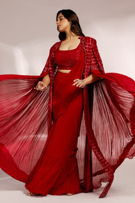Shop_Label Moni K_Red Georgette Cut Work Scoop Neck Cutdana Embroidered Cape And Ruffle Saree Set _Online_at_Aza_Fashions