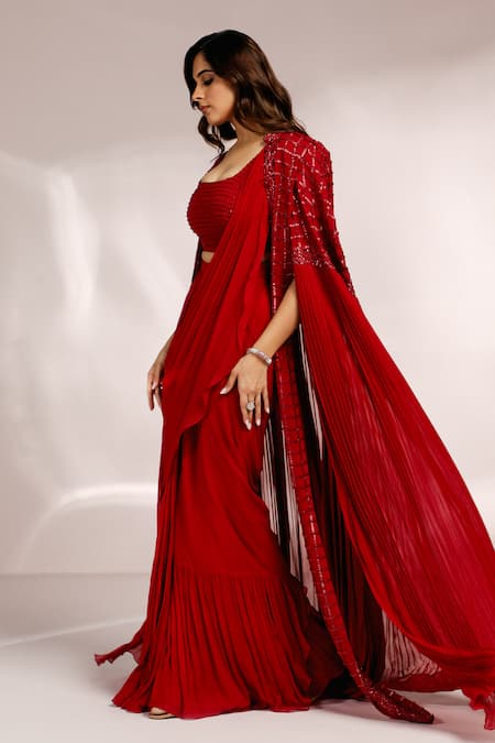 Label Moni K_Red Georgette Cut Work Scoop Neck Cutdana Embroidered Cape And Ruffle Saree Set _at_Aza_Fashions