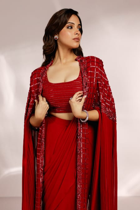 Buy_Label Moni K_Red Georgette Cut Work Scoop Neck Cutdana Embroidered Cape And Ruffle Saree Set 
