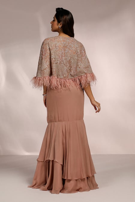 Shop Label Moni K Pink Net, Georgette Embroidery Open Neck Flora Cape And Fishcut Skirt Set at Aza Fashions Shop_Label Moni K_Pink Net, Georgette Embroidery Open Neck Flora Cape And Fishcut Skirt Set _at_Aza_Fashions