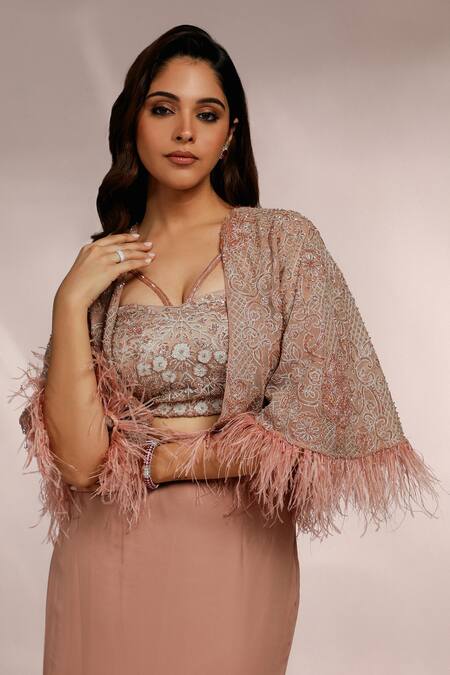 Label Moni K Pink Net, Georgette Embroidery Open Neck Flora Cape And Fishcut Skirt Set Online at Aza Fashions Label Moni K_Pink Net, Georgette Embroidery Open Neck Flora Cape And Fishcut Skirt Set _Online_at_Aza_Fashions