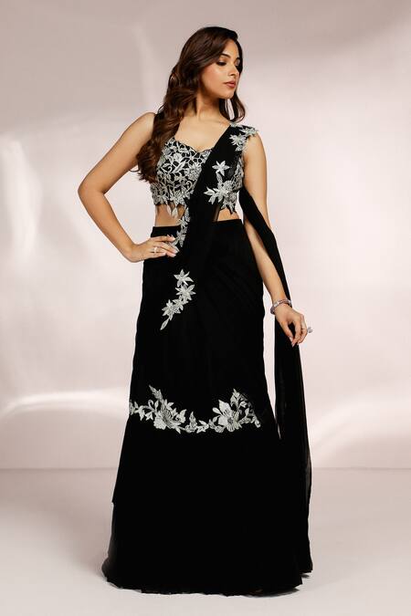 Buy Label Moni K Black Net, Georgette Embroidery, Patchwork Floral Fishcut Lehenga Saree Online at Aza Fashions Buy_Label Moni K_Black Net, Georgette Embroidery, Patchwork Floral Fishcut Lehenga Saree _Online_at_Aza_Fashions