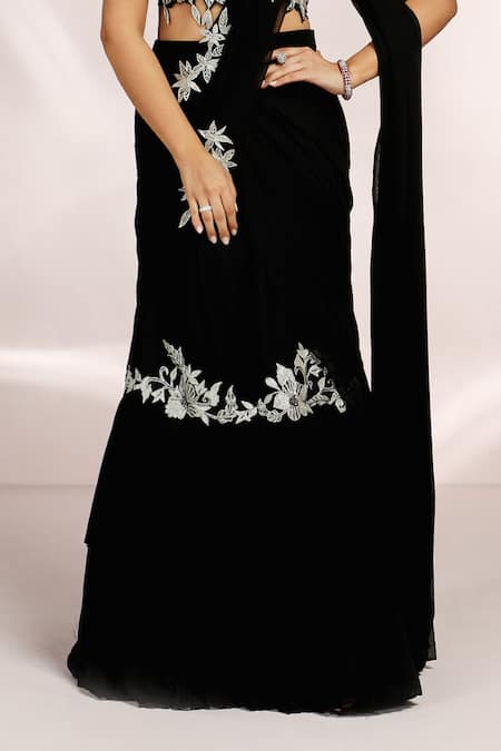 Shop Label Moni K Black Net, Georgette Embroidery, Patchwork Floral Fishcut Lehenga Saree Online at Aza Fashions Shop_Label Moni K_Black Net, Georgette Embroidery, Patchwork Floral Fishcut Lehenga Saree _Online_at_Aza_Fashions