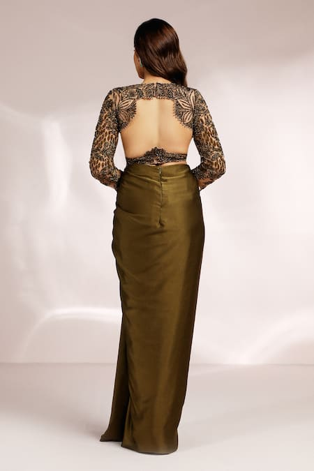 Label Moni K Green Net, Satin Embroidery Round Neck Phool Jaal Blouse And Draped Skirt Online at Aza Fashions Label Moni K_Green Net, Satin Embroidery Round Neck Phool Jaal Blouse And Draped Skirt _Online_at_Aza_Fashions