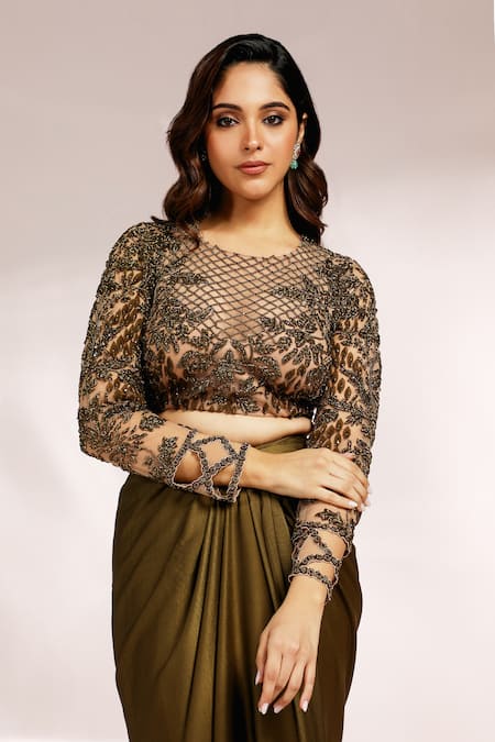 Shop Label Moni K Green Net, Satin Embroidery Round Neck Phool Jaal Blouse And Draped Skirt Online at Aza Fashions Shop_Label Moni K_Green Net, Satin Embroidery Round Neck Phool Jaal Blouse And Draped Skirt _Online_at_Aza_Fashions