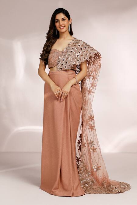 Buy Label Moni K Peach Organza, Net, Lycra Cut Work, Embroidery Wave Bustier And Draped Skirt Set Online at Aza Fashions Buy_Label Moni K_Peach Organza, Net, Lycra Cut Work, Embroidery Wave Bustier And Draped Skirt Set _Online_at_Aza_Fashions