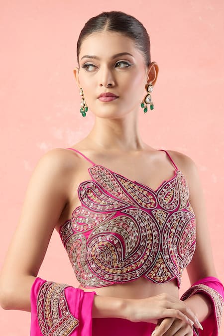 Ridhima Bhasin_Pink Beads, Cut Work, Embroidery Scallop Hem Pre-draped Saree _at_Aza_Fashions