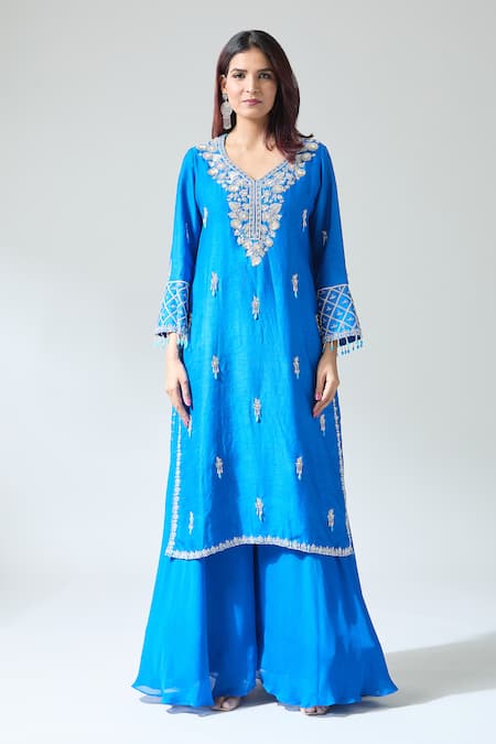 Buy Samyukta Singhania Blue Silk, Net Beads Split V-neck Royal Floral Embroidered Kurta Set Buy_Samyukta Singhania_Blue Silk, Net Beads Split V-neck Royal Floral Embroidered Kurta Set