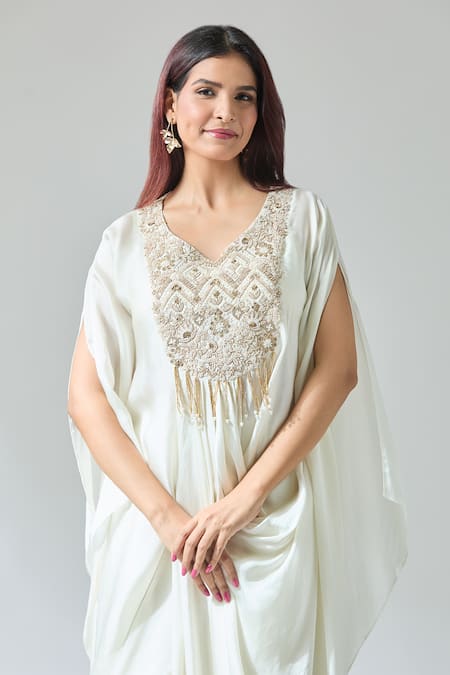 Buy_Samyukta Singhania_White Chiffon Beads V-neck Zardozi Embroidered Kaftan And Pant Set _Online_at_Aza_Fashions