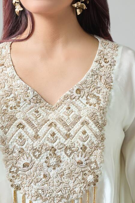 Shop_Samyukta Singhania_White Chiffon Beads V-neck Zardozi Embroidered Kaftan And Pant Set _Online_at_Aza_Fashions