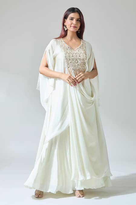 Samyukta Singhania_White Chiffon Beads V-neck Zardozi Embroidered Kaftan And Pant Set _at_Aza_Fashions