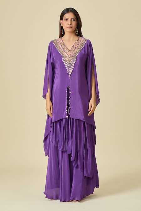 Samyukta Singhania_Purple Chiffon, Silk Beads, Sequins V-neck Tribal Embroidered Kaftan Set _Online_at_Aza_Fashions