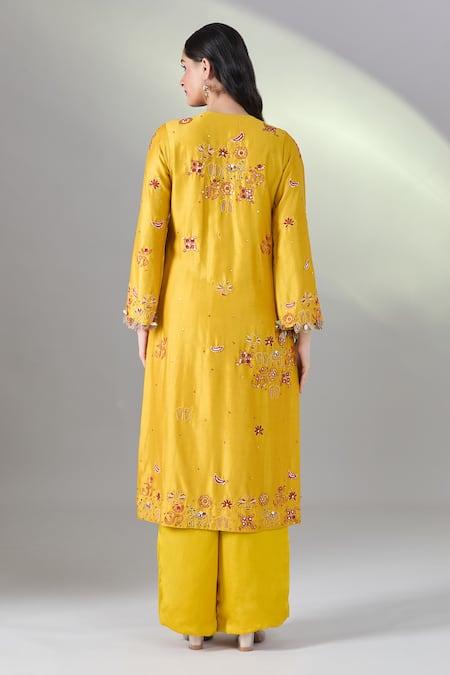 Shop_Samyukta Singhania_Yellow Silk, Chiffon Tassels Round Neck Temple Motif Embroidered Kurta Set _at_Aza_Fashions
