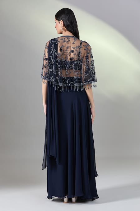 Shop Samyukta Singhania Navy Net, Georgette Beads, Sequins, Pleated Pre-draped Saree Set With Cape at Aza Fashions Shop_Samyukta Singhania_Navy Net, Georgette Beads, Sequins, Pleated Pre-draped Saree Set With Cape _at_Aza_Fashions