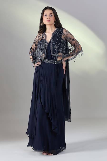 Samyukta Singhania Navy Net, Georgette Beads, Sequins, Pleated Pre-draped Saree Set With Cape Online at Aza Fashions Samyukta Singhania_Navy Net, Georgette Beads, Sequins, Pleated Pre-draped Saree Set With Cape _Online_at_Aza_Fashions
