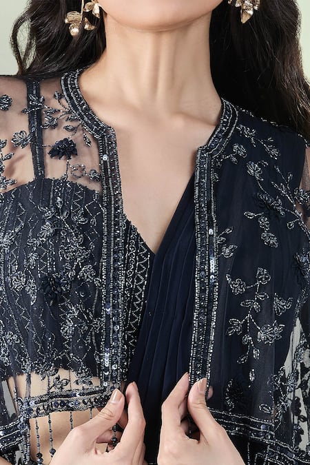 Buy Samyukta Singhania Navy Net, Georgette Beads, Sequins, Pleated Pre-draped Saree Set With Cape Online at Aza Fashions Buy_Samyukta Singhania_Navy Net, Georgette Beads, Sequins, Pleated Pre-draped Saree Set With Cape _Online_at_Aza_Fashions