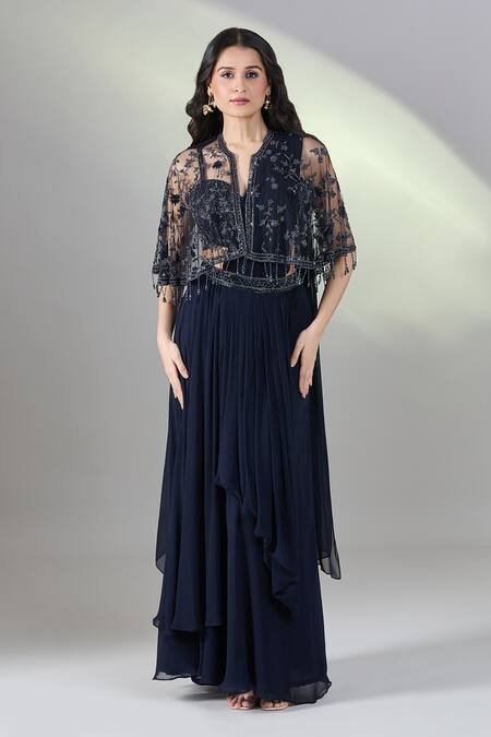 Buy Samyukta Singhania Navy Net, Georgette Beads, Sequins, Pleated Pre-draped Saree Set With Cape Buy_Samyukta Singhania_Navy Net, Georgette Beads, Sequins, Pleated Pre-draped Saree Set With Cape