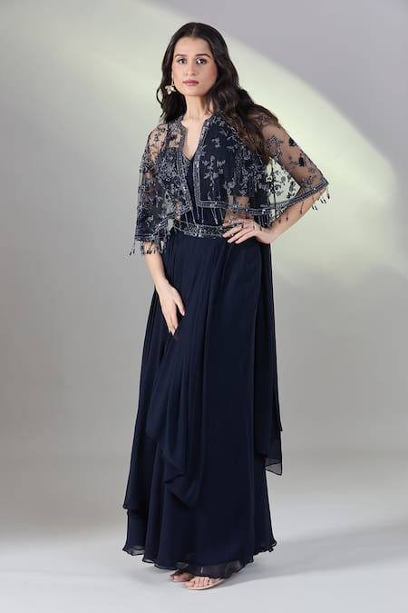 Shop Samyukta Singhania Navy Net, Georgette Beads, Sequins, Pleated Pre-draped Saree Set With Cape Shop_Samyukta Singhania_Navy Net, Georgette Beads, Sequins, Pleated Pre-draped Saree Set With Cape