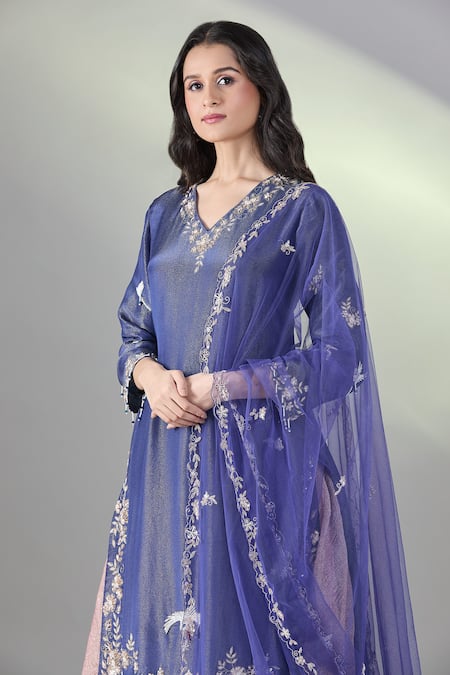 Buy_Samyukta Singhania_Blue Organza, Net Embroidery V-neck Scenic Hand Kurta Set _Online_at_Aza_Fashions