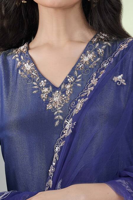 Shop_Samyukta Singhania_Blue Organza, Net Embroidery V-neck Scenic Hand Kurta Set _Online_at_Aza_Fashions