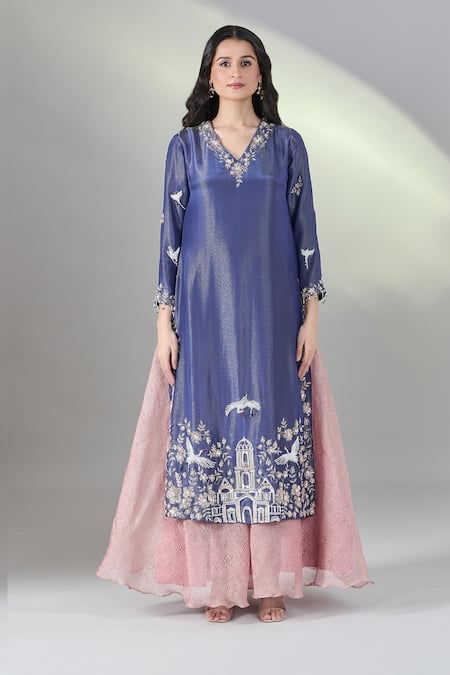 Buy_Samyukta Singhania_Blue Organza, Net Embroidery V-neck Scenic Hand Kurta Set 