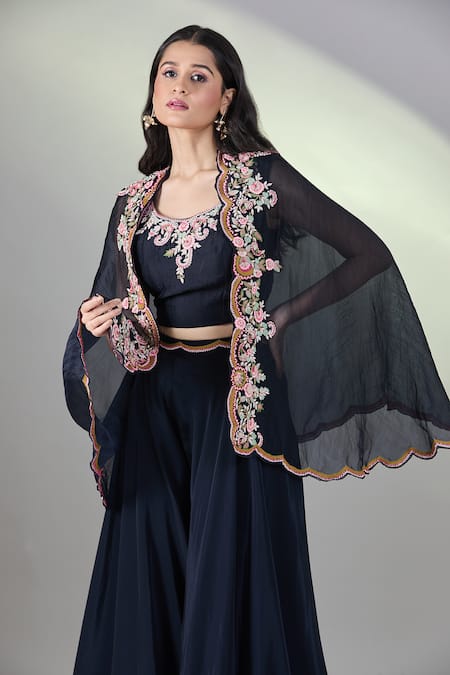Samyukta Singhania_Blue Silk, Chiffon Embroidery Round Neck Cape And Flared Pant Set _Online_at_Aza_Fashions