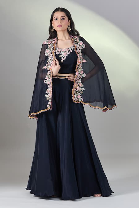 Shop_Samyukta Singhania_Blue Silk, Chiffon Embroidery Round Neck Cape And Flared Pant Set _Online_at_Aza_Fashions
