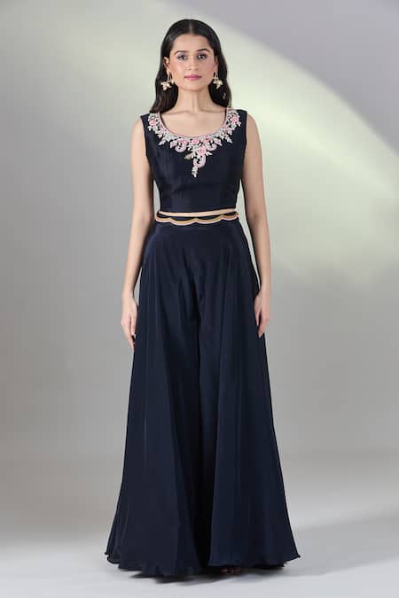 Samyukta Singhania_Blue Silk, Chiffon Embroidery Round Neck Cape And Flared Pant Set _at_Aza_Fashions
