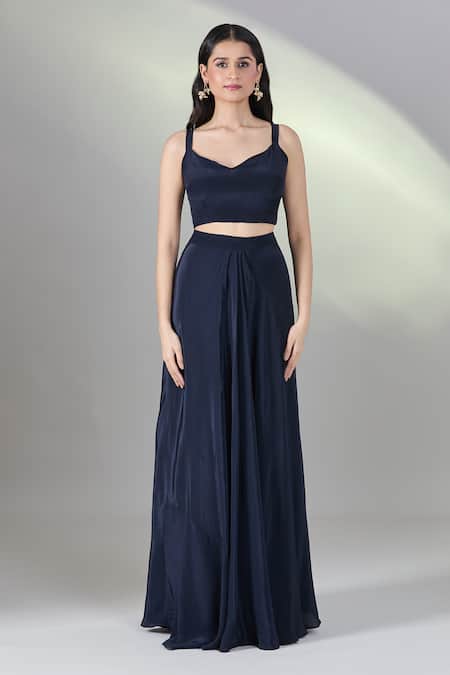 Samyukta Singhania_Blue Silk, Chiffon Embroidery, Pearls, Tassels Round Floral Kaftan Skirt Set _Online_at_Aza_Fashions