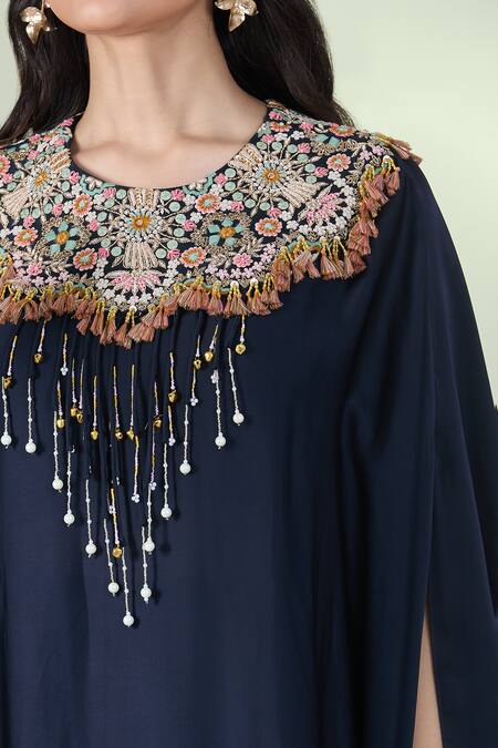 Buy_Samyukta Singhania_Blue Silk, Chiffon Embroidery, Pearls, Tassels Round Floral Kaftan Skirt Set _Online_at_Aza_Fashions