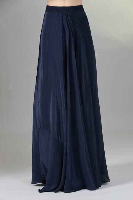 Buy_Samyukta Singhania_Blue Silk, Chiffon Embroidery, Pearls, Tassels Round Floral Kaftan Skirt Set 