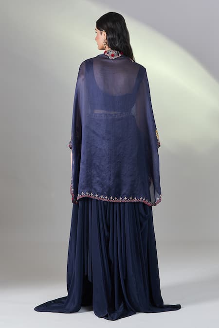 Shop Samyukta Singhania Blue Chiffon, Organza Embroidery Round Neck Floral Cape Skirt Set at Aza Fashions Shop_Samyukta Singhania_Blue Chiffon, Organza Embroidery Round Neck Floral Cape Skirt Set _at_Aza_Fashions