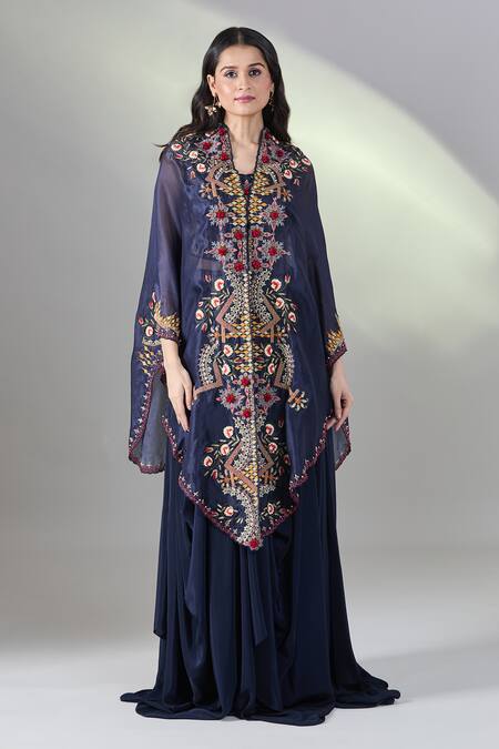 Buy Samyukta Singhania Blue Chiffon, Organza Embroidery Round Neck Floral Cape Skirt Set Online at Aza Fashions Buy_Samyukta Singhania_Blue Chiffon, Organza Embroidery Round Neck Floral Cape Skirt Set _Online_at_Aza_Fashions