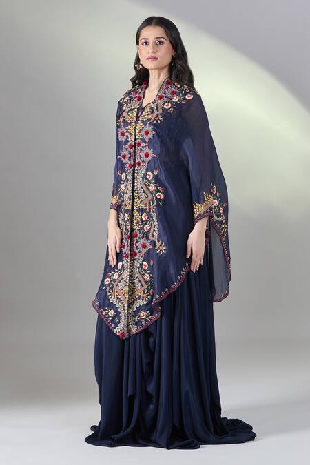 Shop Samyukta Singhania Blue Chiffon, Organza Embroidery Round Neck Floral Cape Skirt Set Online at Aza Fashions Shop_Samyukta Singhania_Blue Chiffon, Organza Embroidery Round Neck Floral Cape Skirt Set _Online_at_Aza_Fashions