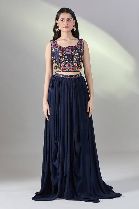 Buy Samyukta Singhania Blue Chiffon, Organza Embroidery Round Neck Floral Cape Skirt Set Buy_Samyukta Singhania_Blue Chiffon, Organza Embroidery Round Neck Floral Cape Skirt Set