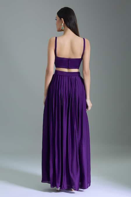 Samyukta Singhania_Purple Chiffon, Georgette Embroidery V-, Open Hand Kaftan Set _Online_at_Aza_Fashions