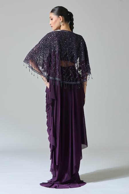Shop Samyukta Singhania Wine Net, Chiffon Sequins Ruffle Pre-draped Saree Set With Embroidered Cape at Aza Fashions Shop_Samyukta Singhania_Wine Net, Chiffon Sequins Ruffle Pre-draped Saree Set With Embroidered Cape _at_Aza_Fashions