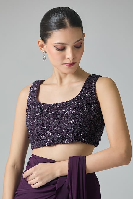 Samyukta Singhania Wine Net, Chiffon Sequins Ruffle Pre-draped Saree Set With Embroidered Cape Online at Aza Fashions Samyukta Singhania_Wine Net, Chiffon Sequins Ruffle Pre-draped Saree Set With Embroidered Cape _Online_at_Aza_Fashions