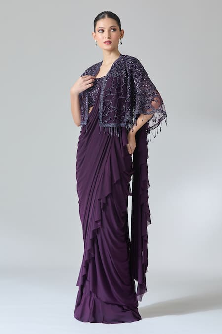 Buy Samyukta Singhania Wine Net, Chiffon Sequins Ruffle Pre-draped Saree Set With Embroidered Cape Online at Aza Fashions Buy_Samyukta Singhania_Wine Net, Chiffon Sequins Ruffle Pre-draped Saree Set With Embroidered Cape _Online_at_Aza_Fashions