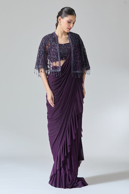 Shop Samyukta Singhania Wine Net, Chiffon Sequins Ruffle Pre-draped Saree Set With Embroidered Cape Online at Aza Fashions Shop_Samyukta Singhania_Wine Net, Chiffon Sequins Ruffle Pre-draped Saree Set With Embroidered Cape _Online_at_Aza_Fashions