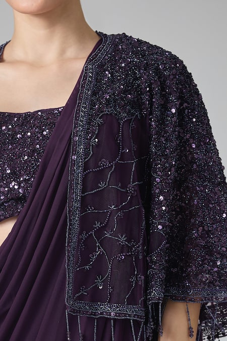Samyukta Singhania Wine Net, Chiffon Sequins Ruffle Pre-draped Saree Set With Embroidered Cape at Aza Fashions Samyukta Singhania_Wine Net, Chiffon Sequins Ruffle Pre-draped Saree Set With Embroidered Cape _at_Aza_Fashions