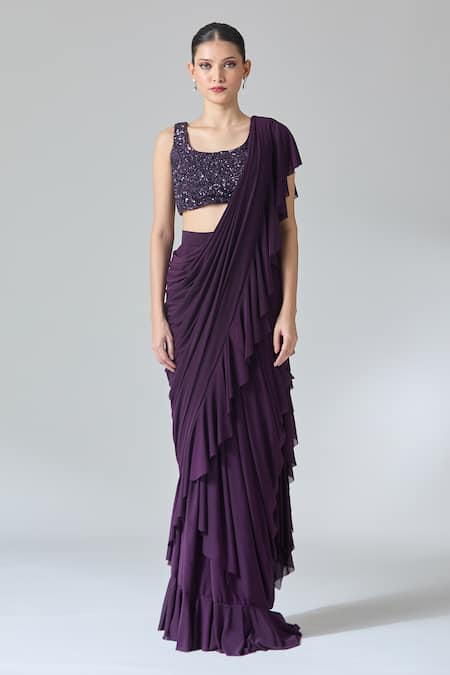 Buy Samyukta Singhania Wine Net, Chiffon Sequins Ruffle Pre-draped Saree Set With Embroidered Cape Buy_Samyukta Singhania_Wine Net, Chiffon Sequins Ruffle Pre-draped Saree Set With Embroidered Cape