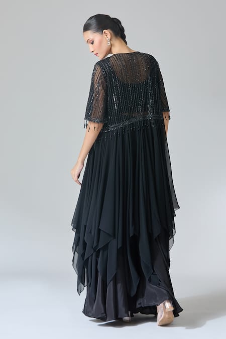 Shop_Samyukta Singhania_Black Net, Chiffon, Georgette Sequins, Stripe Embroidered Cape Palazzo Set _at_Aza_Fashions